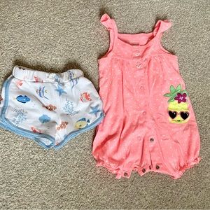Bundle set of two tropical vacation baby girl items 9 months: romper and shorts